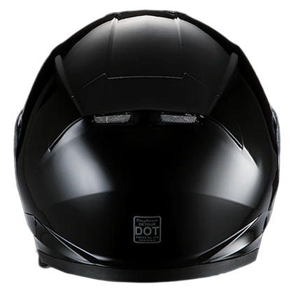 A hi-gloss black full-face motorcycle helmet with dual shields and DOT certification.