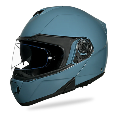 A Daytona Glide motorcycle helmet in Shark Blu color with a clear shield visor, shown from the side with an open chin guard.