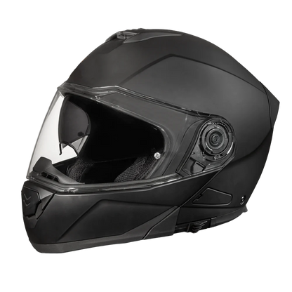 A dull black full-face modular helmet with a clear visor, designed for motorcycle riding.