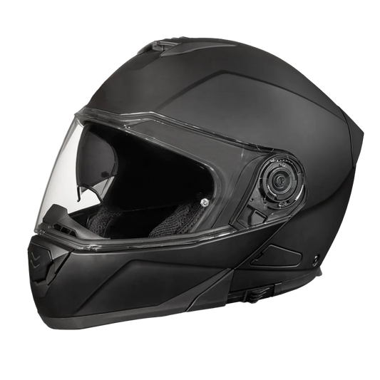 A dull black full-face modular helmet with a clear visor, designed for motorcycle riding.
