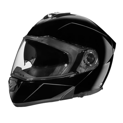 A high gloss black full-face modular motorcycle helmet in a closed position.