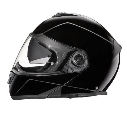 Black full-face modular helmet with quick-release strap and mirror-like gloss finish.