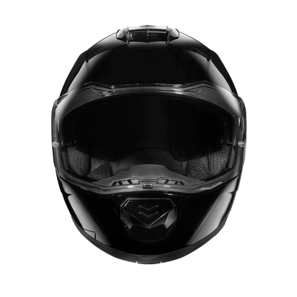 A high gloss black modular motorcycle helmet with dual shields and DOT approval.