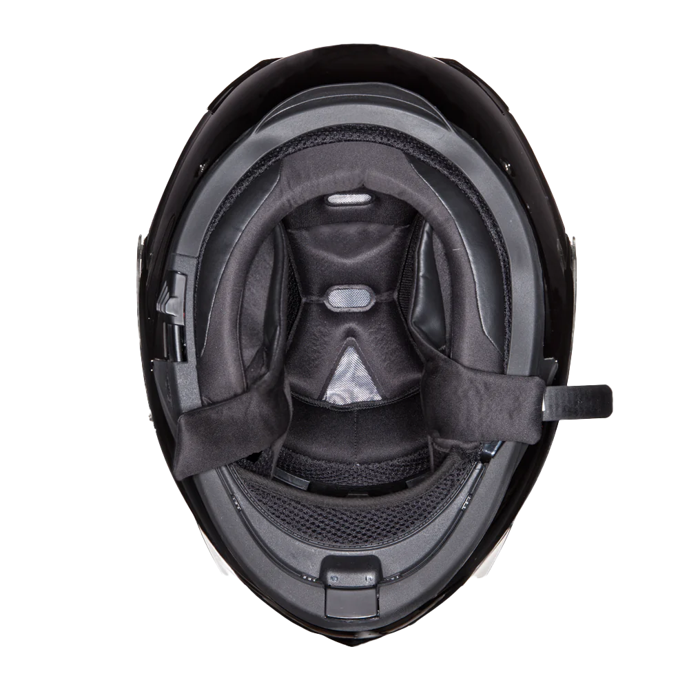 A high gloss black modular motorcycle helmet with dual shields and DOT approval.
