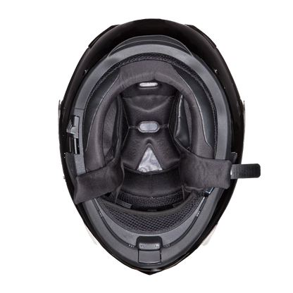 A high gloss black modular motorcycle helmet with dual shields and DOT approval.