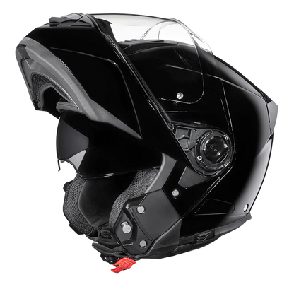 Black full-face modular helmet with quick-release strap and mirror-like gloss finish.