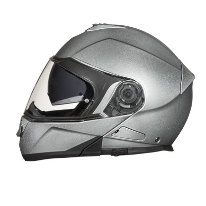 Daytona Glide Silver Metallic helmet featuring flip-up chin guard and Pinlock-ready clear shield.