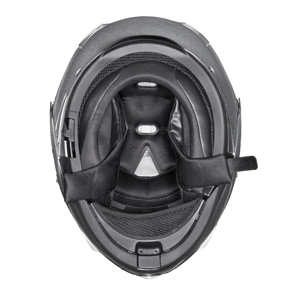 Silver full-face modular helmet with quick-release strap and high-gloss finish.