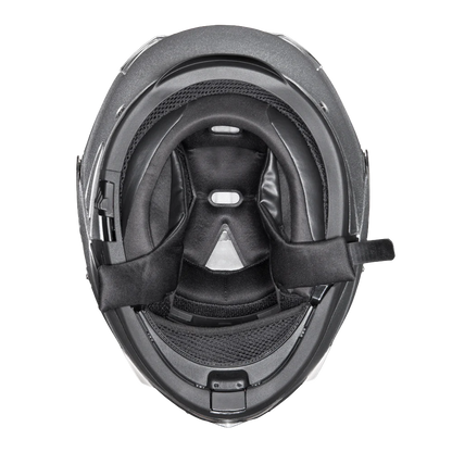 Silver full-face modular helmet with quick-release strap and high-gloss finish.