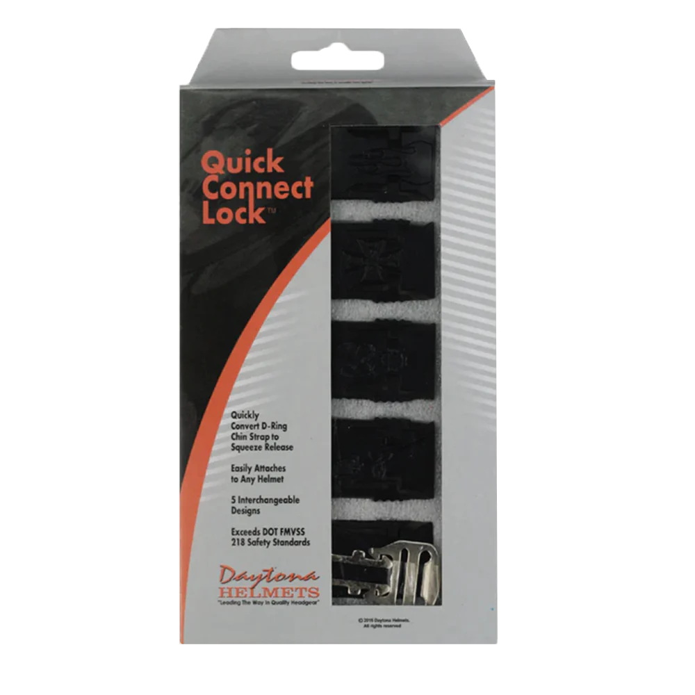 Daytona Quick Connect helmet lock made of tempered steel and high-impact nylon with DOT certification.