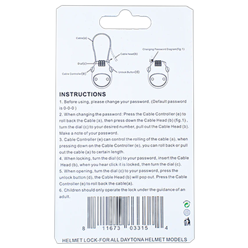 Back of a helmet lock packaging with instructions and branding.