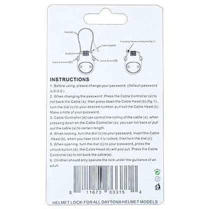 Back of a helmet lock packaging with instructions and branding.
