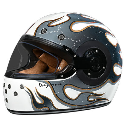 Daytona Retro Full Face Helmet in White Ghost Flames left side.