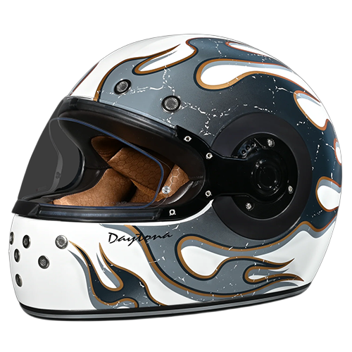 Daytona Retro Full Face Helmet in White Ghost Flames left side.