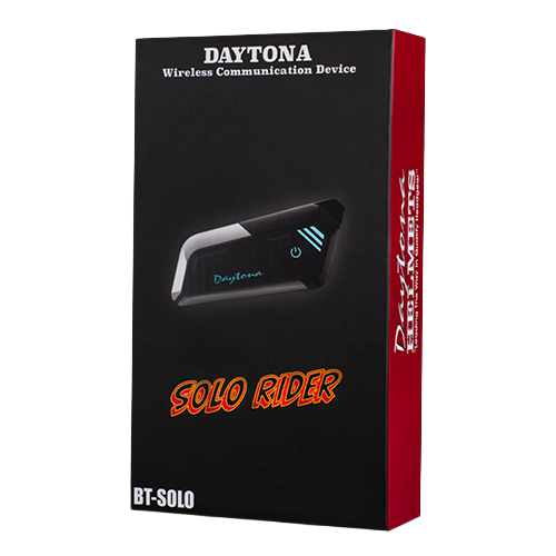 Packaging for Daytona Helmets Universal Solo Rider Intercom Bluetooth System with the product visible in a black color with white and red accents.