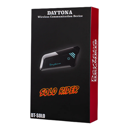 Packaging for Daytona Helmets Universal Solo Rider Intercom Bluetooth System with the product visible in a black color with white and red accents.
