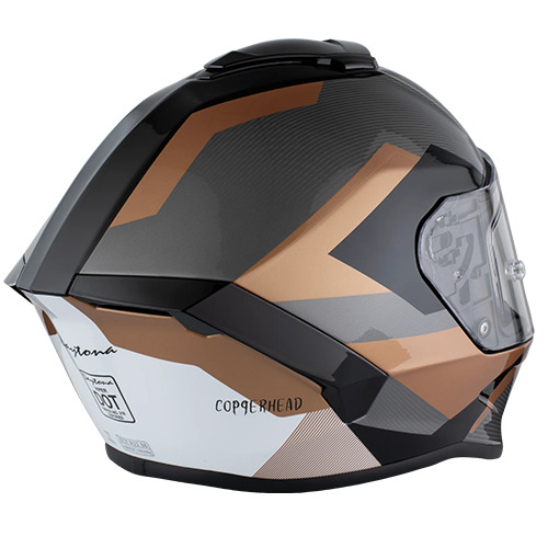 A copper metallic full-face motorcycle helmet with dual shields and DOT/ECE certification.