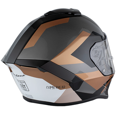 A copper metallic full-face motorcycle helmet with dual shields and DOT/ECE certification.