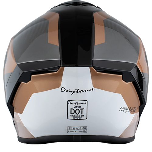 A copper metallic full-face motorcycle helmet with dual shields and DOT/ECE certification.