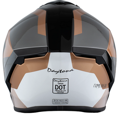 A copper metallic full-face motorcycle helmet with dual shields and DOT/ECE certification.