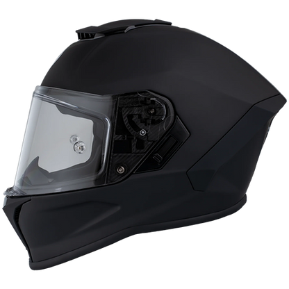 A full face motorcycle helmet with a clear visor, in a dull black color finish.
