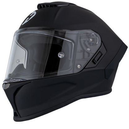 A full face motorcycle helmet with a clear visor, in a dull black color finish.