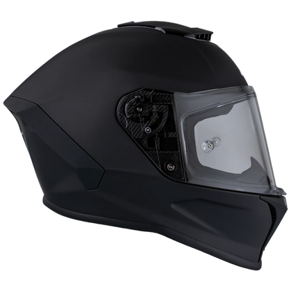 A side view of a full face motorcycle helmet in dull black color with a clear visor.