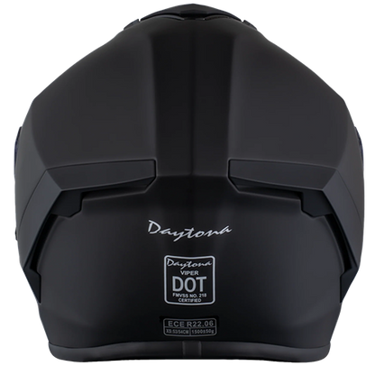 Low-profile black motorcycle helmet with quick-release strap and stealth finish.