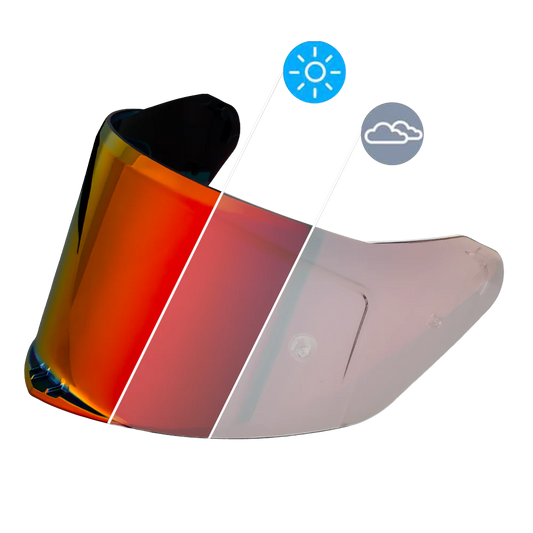 A Daytona Viper replacement outer shield for a helmet shown in photochromatic red tint with illustrations indicating light conditions.