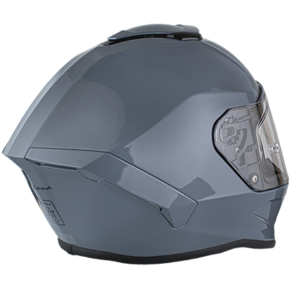 A gloss grey full-face motorcycle helmet with dual shields and DOT/ECE certification.