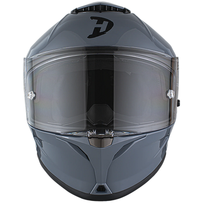 Gloss grey motorcycle helmet with quick-release strap and aggressive street styling.