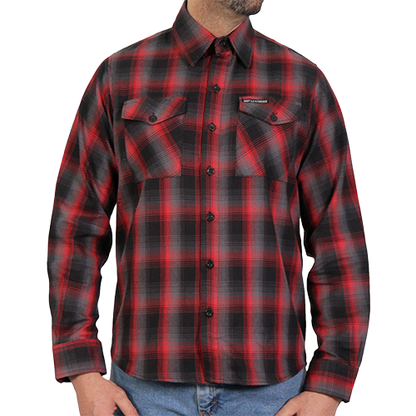 Front of Dead Heat red and gray men’s plaid flannel