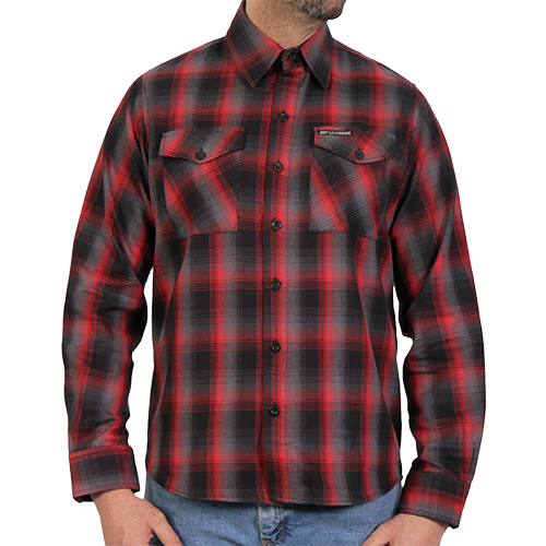 Front of Dead Heat red and gray men’s plaid flannel