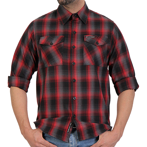 Dead Heat red and gray plaid flannel shown with the sleeves rolled up