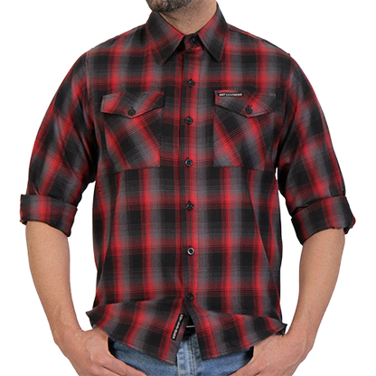 Dead Heat red and gray plaid flannel shown with the sleeves rolled up