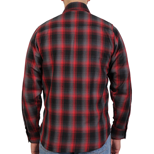 Back of Dead Heat red and gray long-sleeve flannel