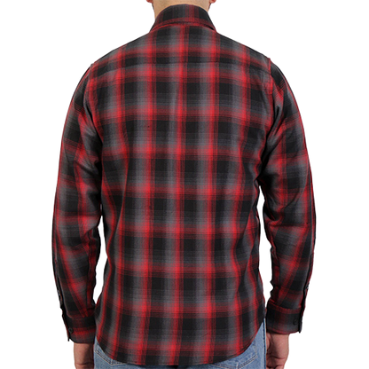 Back of Dead Heat red and gray long-sleeve flannel