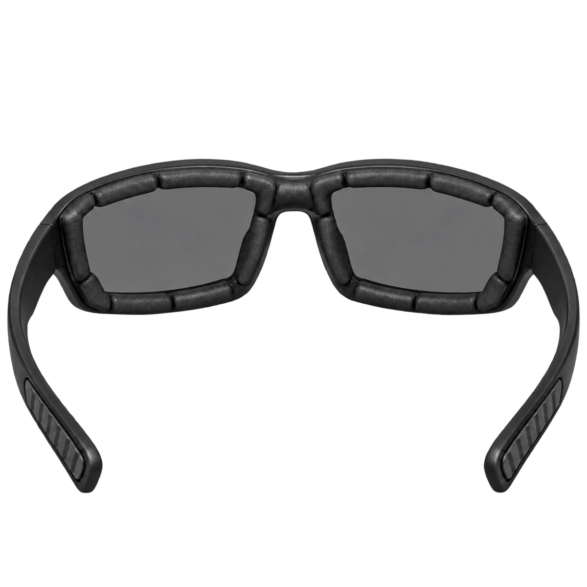 Inside view of Dead Signal riding sunglasses showing smoke-gray lenses and segmented foam padding