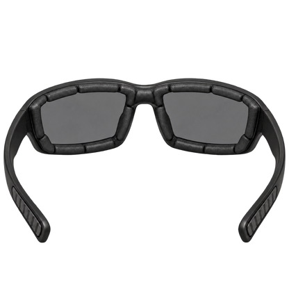 Inside view of Dead Signal riding sunglasses showing smoke-gray lenses and segmented foam padding