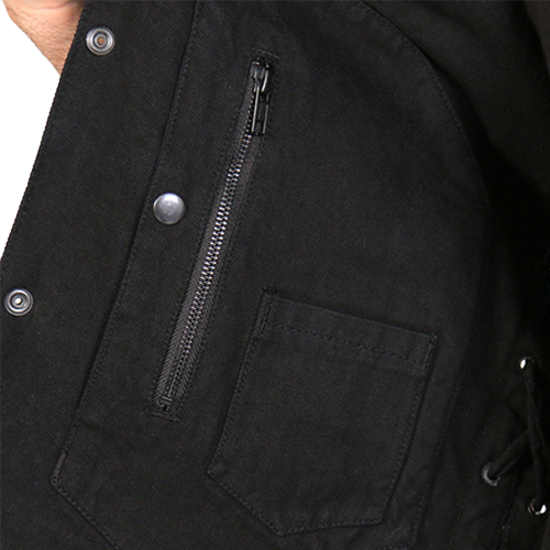 Interior storage pocket and concealed carry pocket in the Deadbolt black denim vest