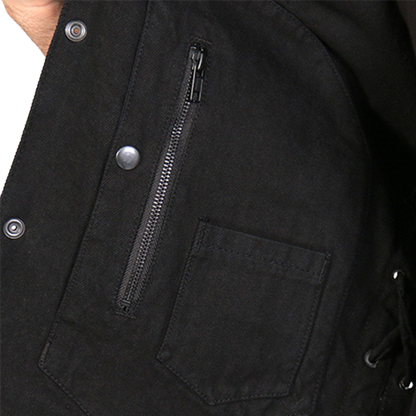 Interior storage pocket and concealed carry pocket in the Deadbolt black denim vest