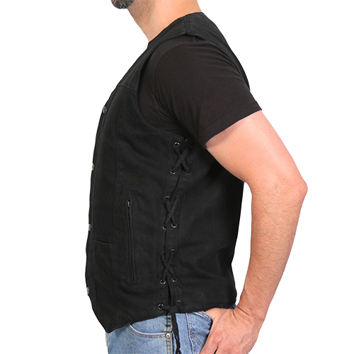 Side view of the Deadbolt Denim Vest showing adjustable denim laces