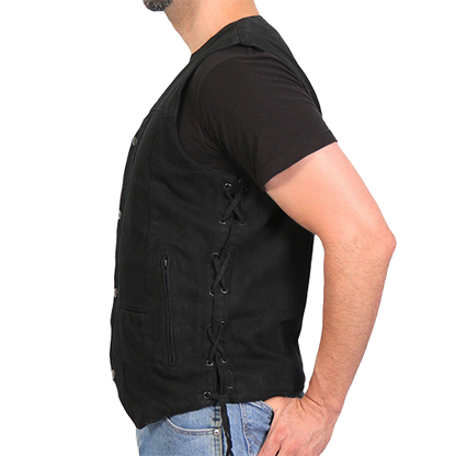 Side view of the Deadbolt Denim Vest showing adjustable denim laces