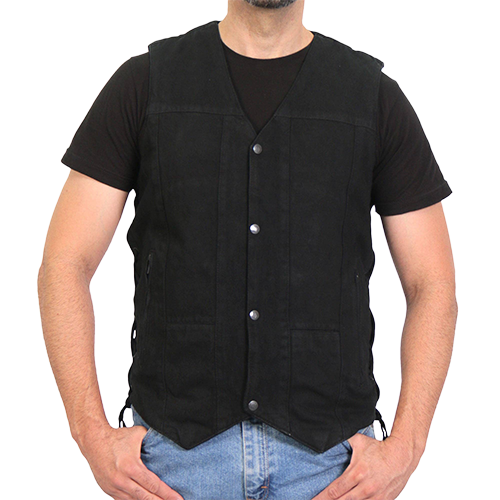 Deadbolt black denim vest with snap-front closure