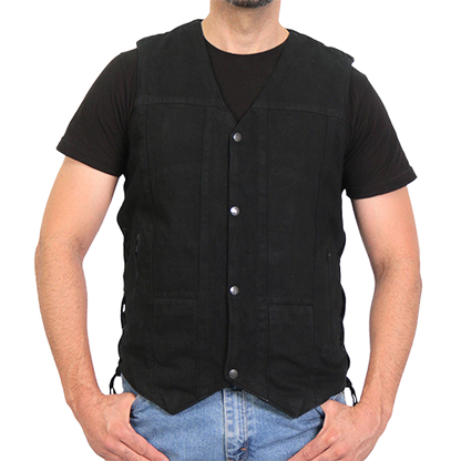 Deadbolt black denim vest with snap-front closure