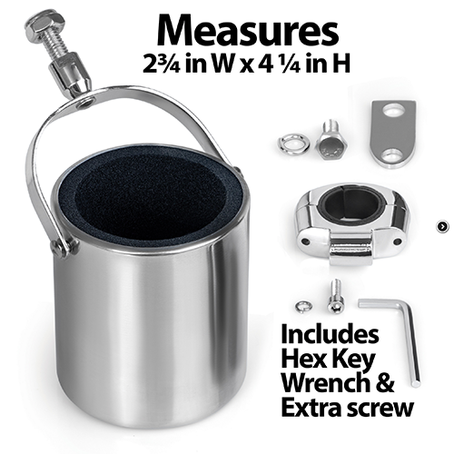Metal cup holder with components and measurements on a white background