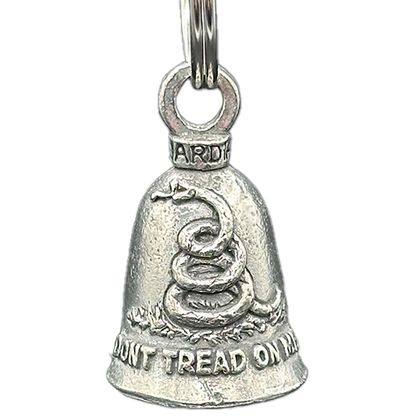 A silver bell with a coiled snake symbol and the text 'DON'T TREAD ON ME' engraved on it.