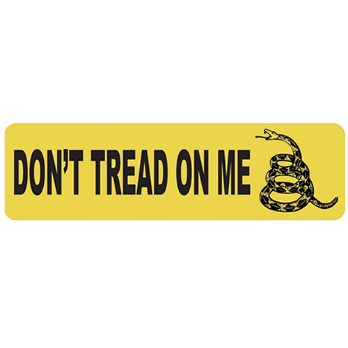 Yellow helmet sticker with bold black text reading Don’t Tread On Me.