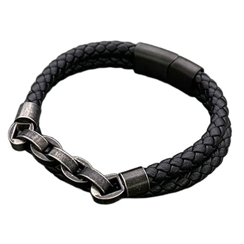 Black double-layer braided leather bracelet with stainless steel chain centerpiece and magnetic clasp