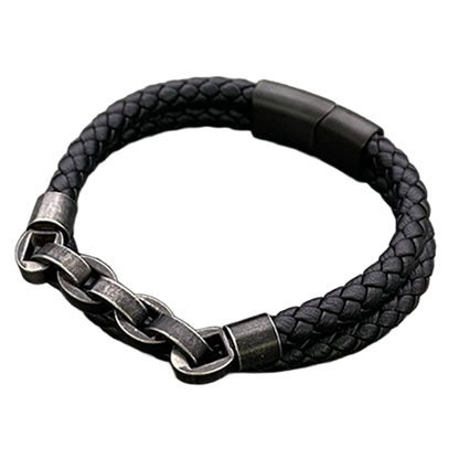 Black double-layer braided leather bracelet with stainless steel chain centerpiece and magnetic clasp